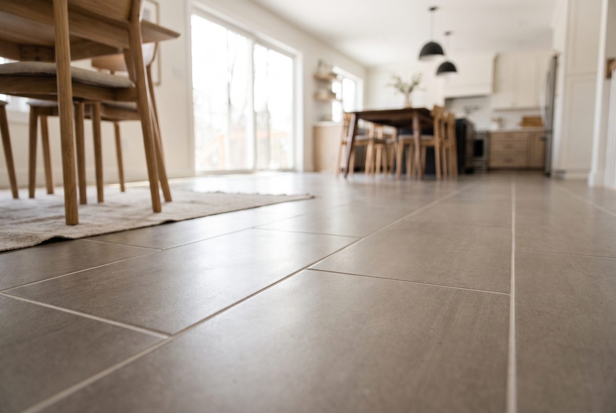 Morning daylight falling across a freshly cleaned tile floor with crisp, even grout lines in an open kitchen.