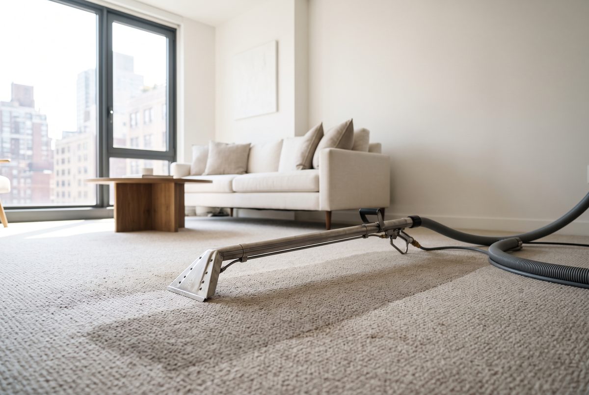 A cleaning wand pulling water from a light beige carpet in a sunlit living room with the furniture moved aside.