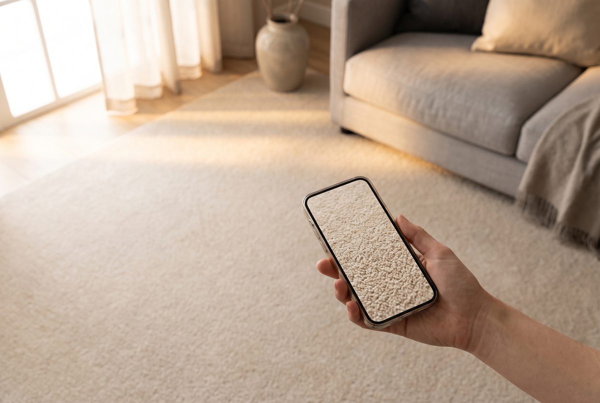 Close view of a light carpet in an Orlando living room with morning daylight across it and a phone held above it taking a photo.