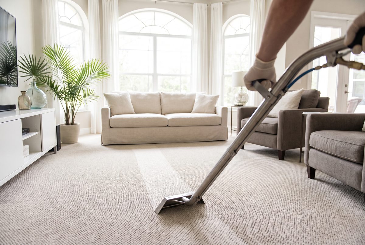 A cleaning wand drawing a clean stripe through light carpet in a sunlit room.