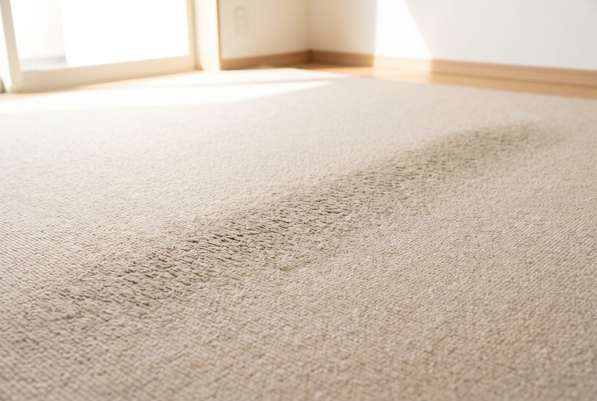 A close view of light carpet in daylight showing a darker worn path running through the middle of a room.