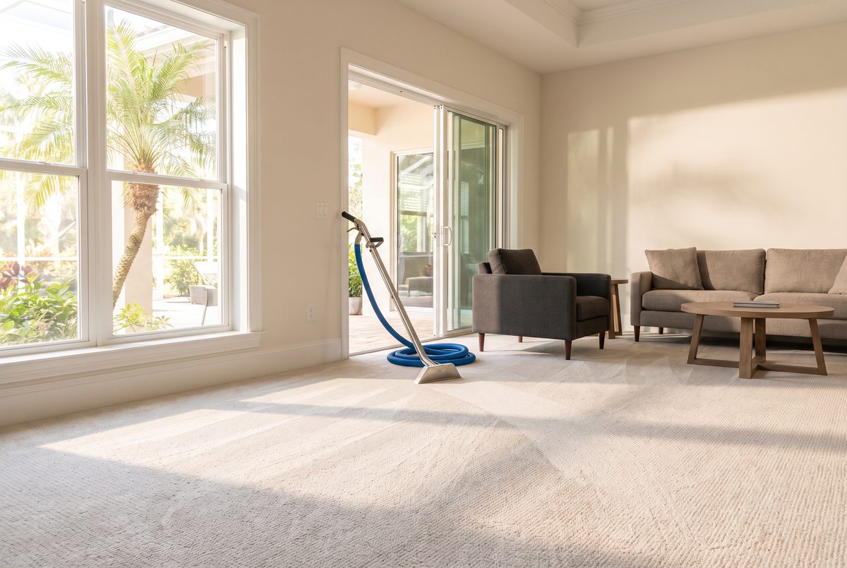 A sunlit living room with freshly cleaned light carpet and a hand-held cleaning wand resting near the doorway.
